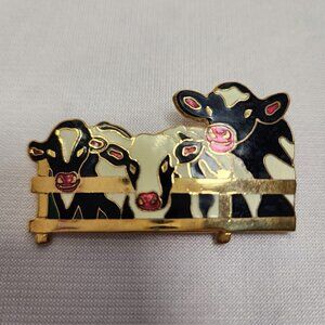 Fish Enterprises Enamal Pin of Three Cows on a Fence